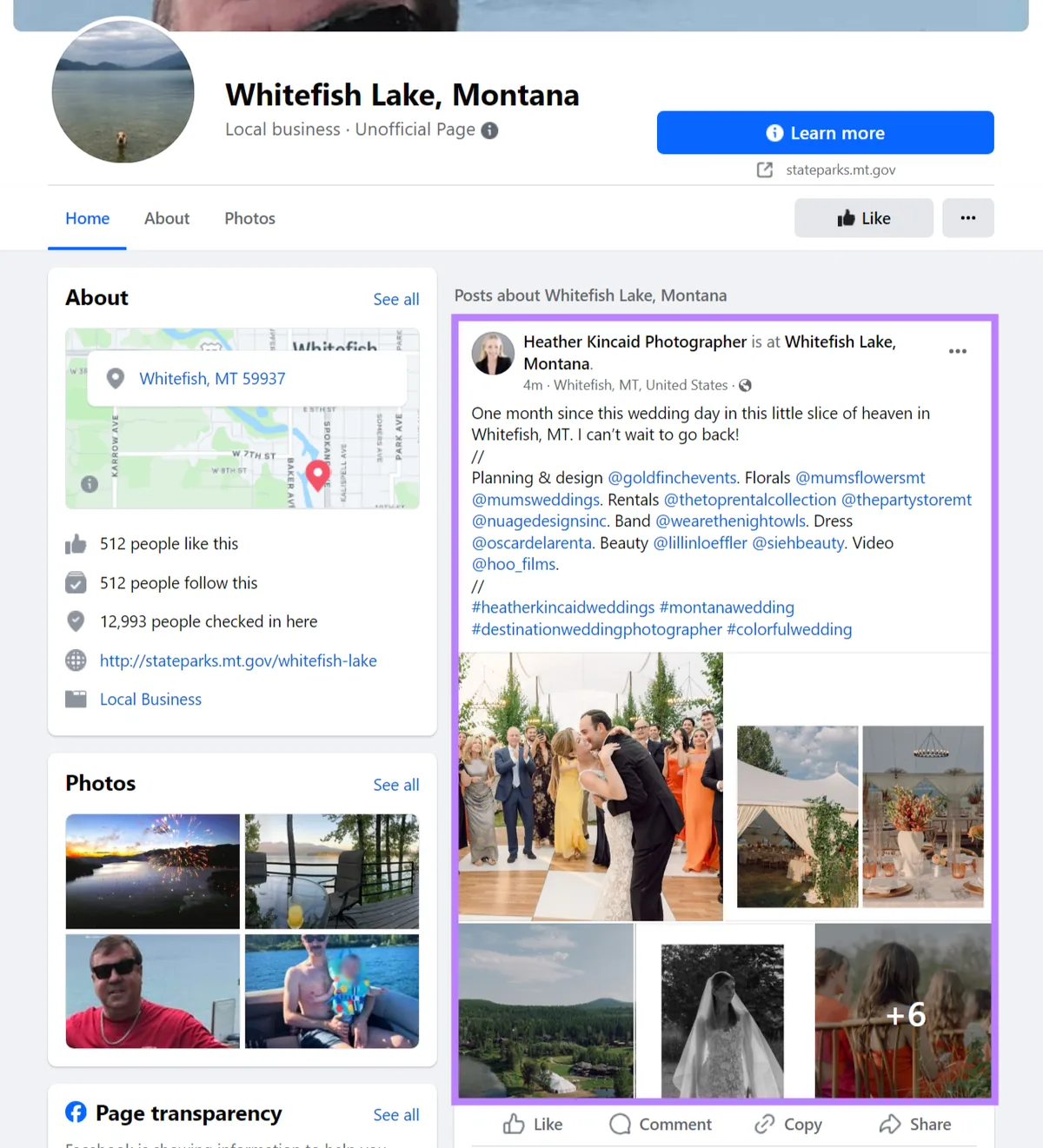 一位摄影师发布的帖子，标注了 Whitefish Lake 并包含在该地点拍摄的照片