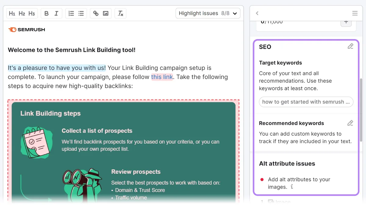 SEO Writing Assistant 中突出显示的“SEO”建议