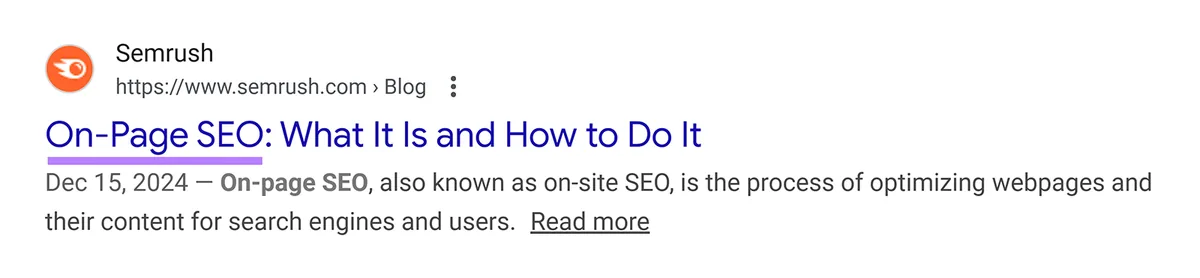 Google 搜索结果高亮显示围绕特定关键词短语“On Page SEO”优化的页面标题。