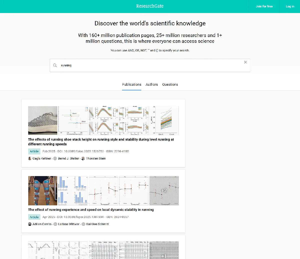 ResearchGate 展示关于跑步生物力学和鞋子冲击的学术文章,附有图表和研究缩略图。