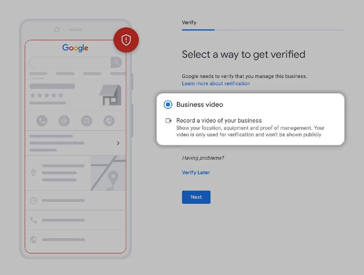 Google Business Profile 验证步骤,已选中通过录制视频进行验证的选项