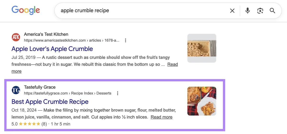 Google 搜索结果页面展示食谱富媒体摘要,星级评分、评价数量和烹饪时长已高亮显示。