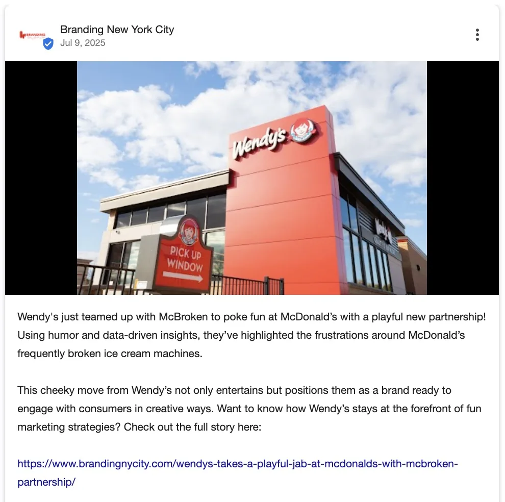 一家品牌代理机构在 Google Business Profile 上发布的帖子，将其某篇博客文章的内容再利用，以突出其数据驱动的方法。