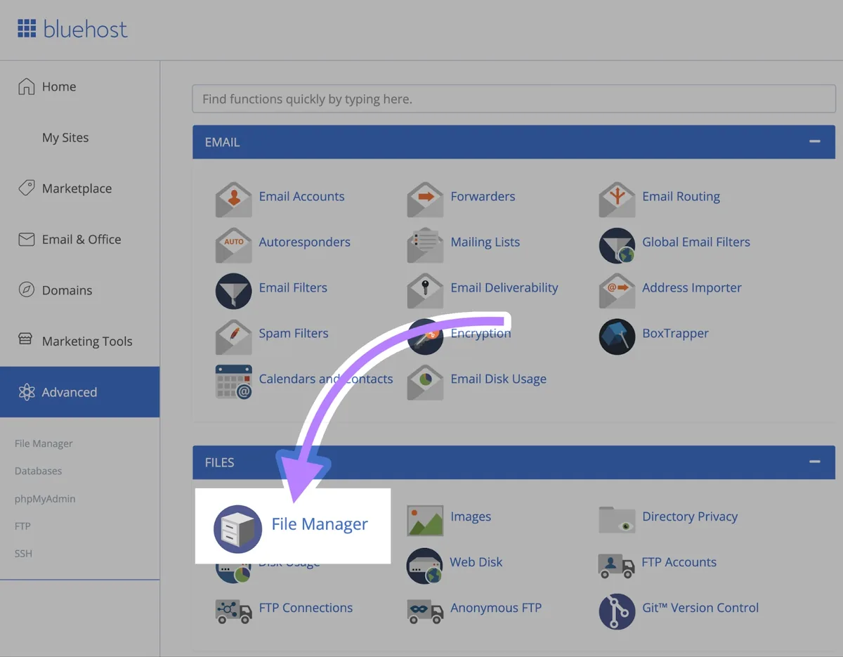 Bluehost 仪表盘中的“Advanced”标签页，在“Files”下选择“File Manager”。