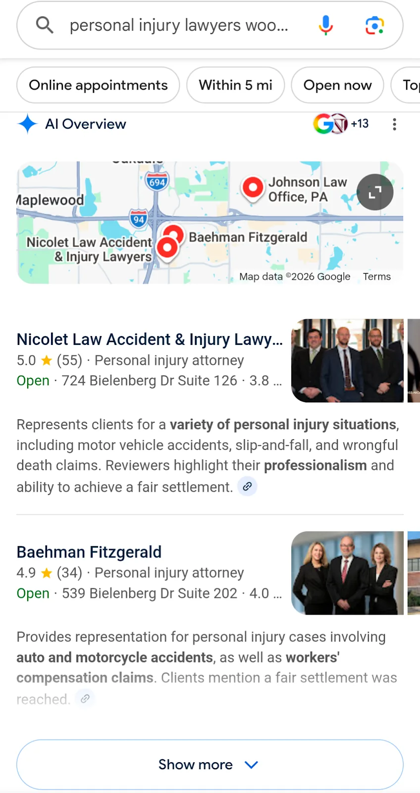 搜索“personal injury lawyers woodbury”时的 AI 本地包。
