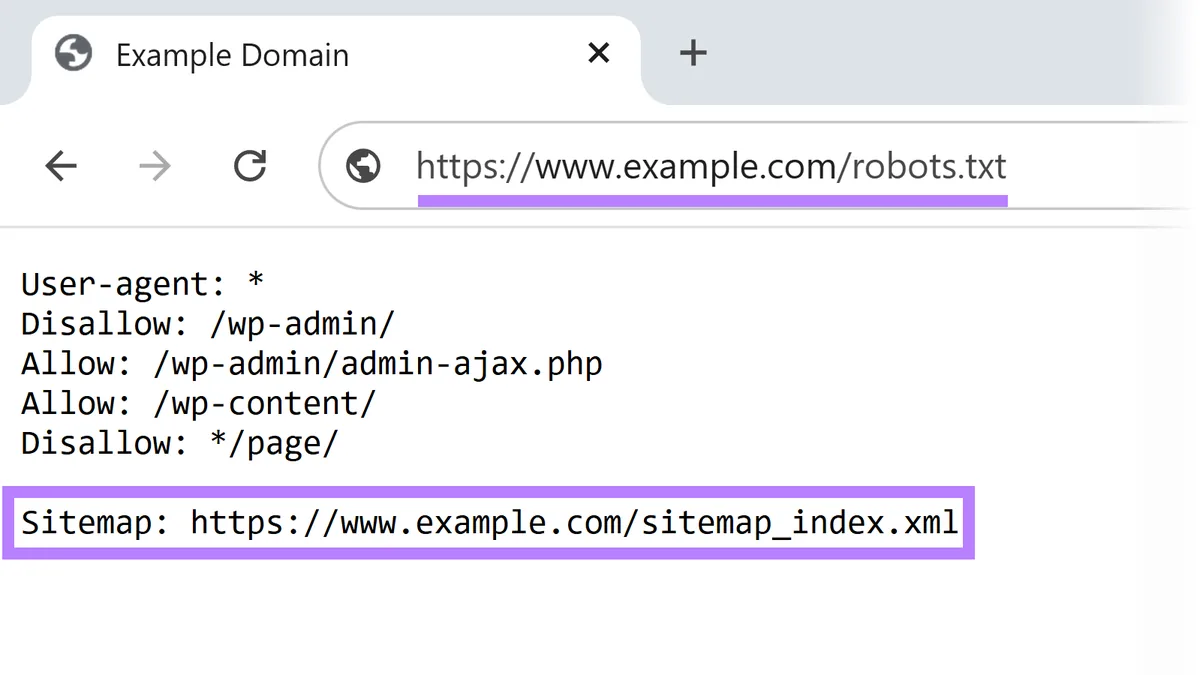 robots.txt 文件的浏览器视图,站点地图 URL 高亮