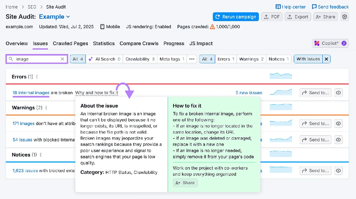 Site Audit 报告,列出失效的内链图片和缺少 alt 文本的问题