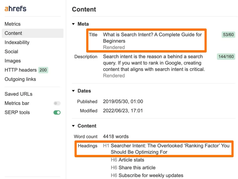 来自 Ahrefs SEO Toolbar 的标题和 H1 示例
