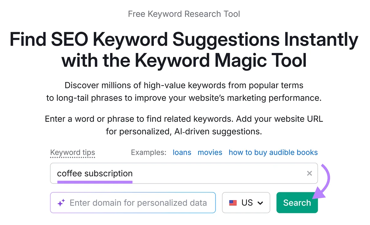 Semrush Keyword Magic Tool 搜索界面,已输入“coffee subscription”关键词