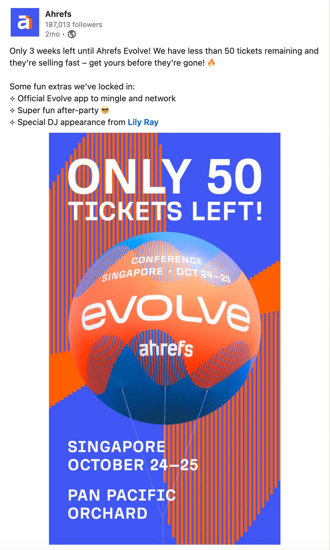 我们在 LinkedIn 上分享 Evolve 门票即将售罄的帖子