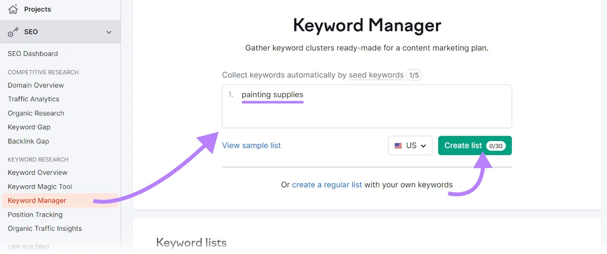 在 Keyword Strategy Builder 中创建“painting supplies”列表