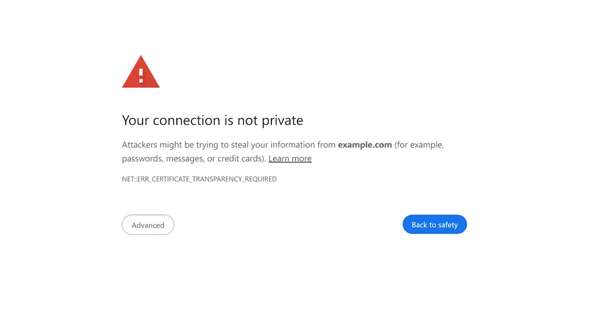 Google Chrome 中的“你的连接不是私密连接”错误页面