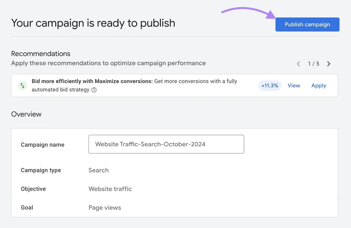 在 Google Ads 的 Review 页面点击了“Publish campaign”。