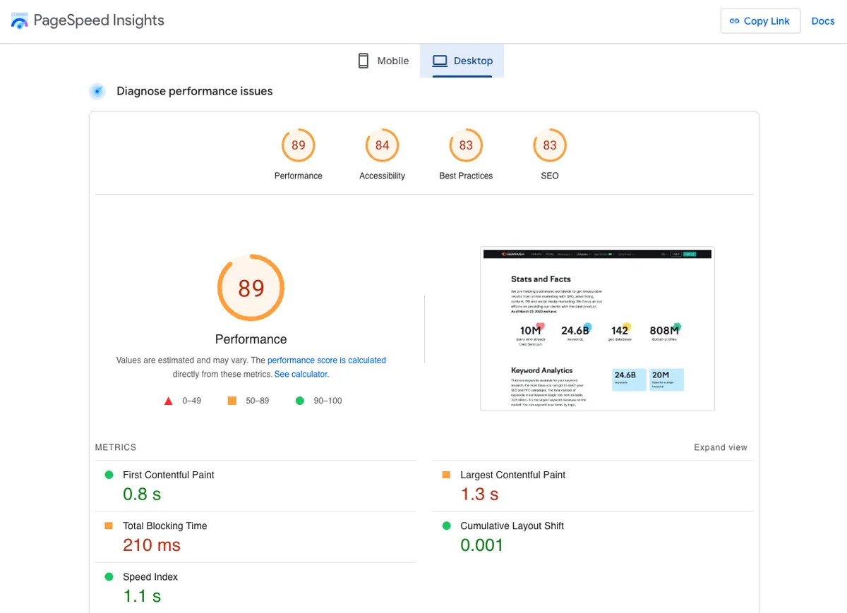PageSpeed insights 生成的报告