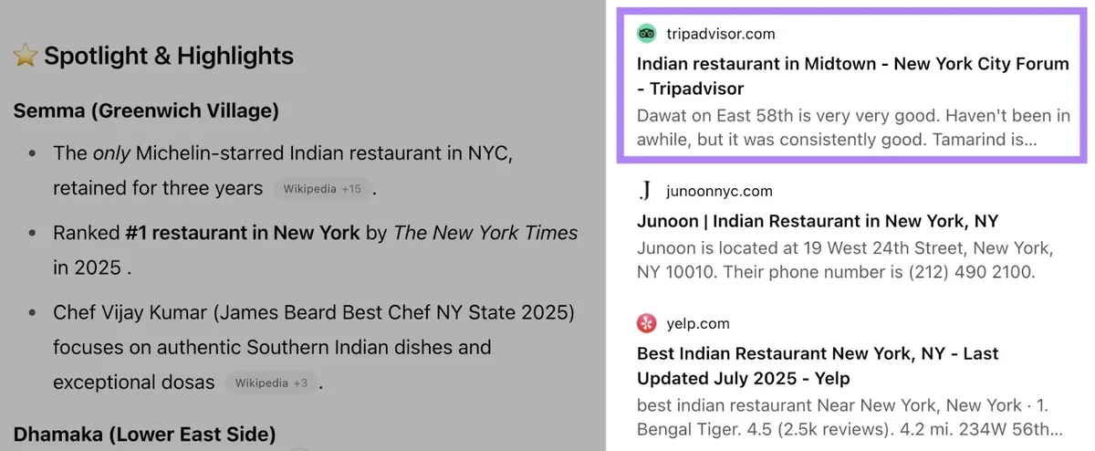 ChatGPT 对“best Indian restaurants in New York”的结果,将 Tripadvisor 列为来源之一。