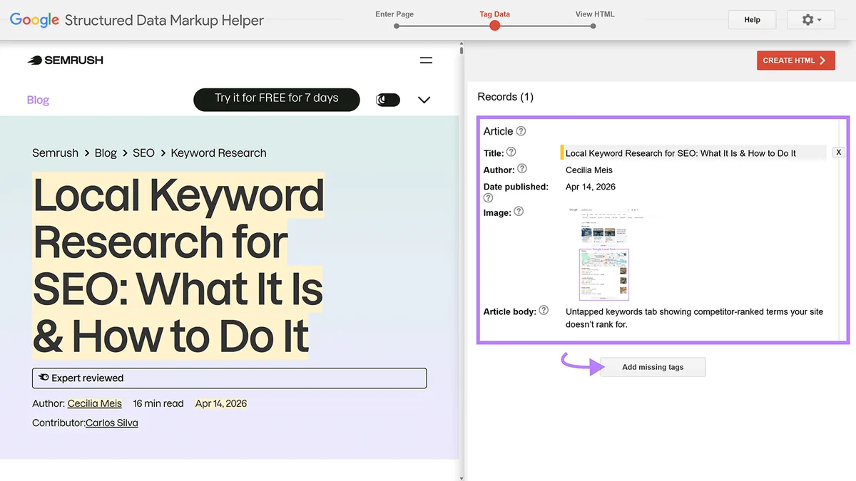 Google Structured Data Markup Helper 展示文章结构化数据字段,如标题、作者和发布日期。
