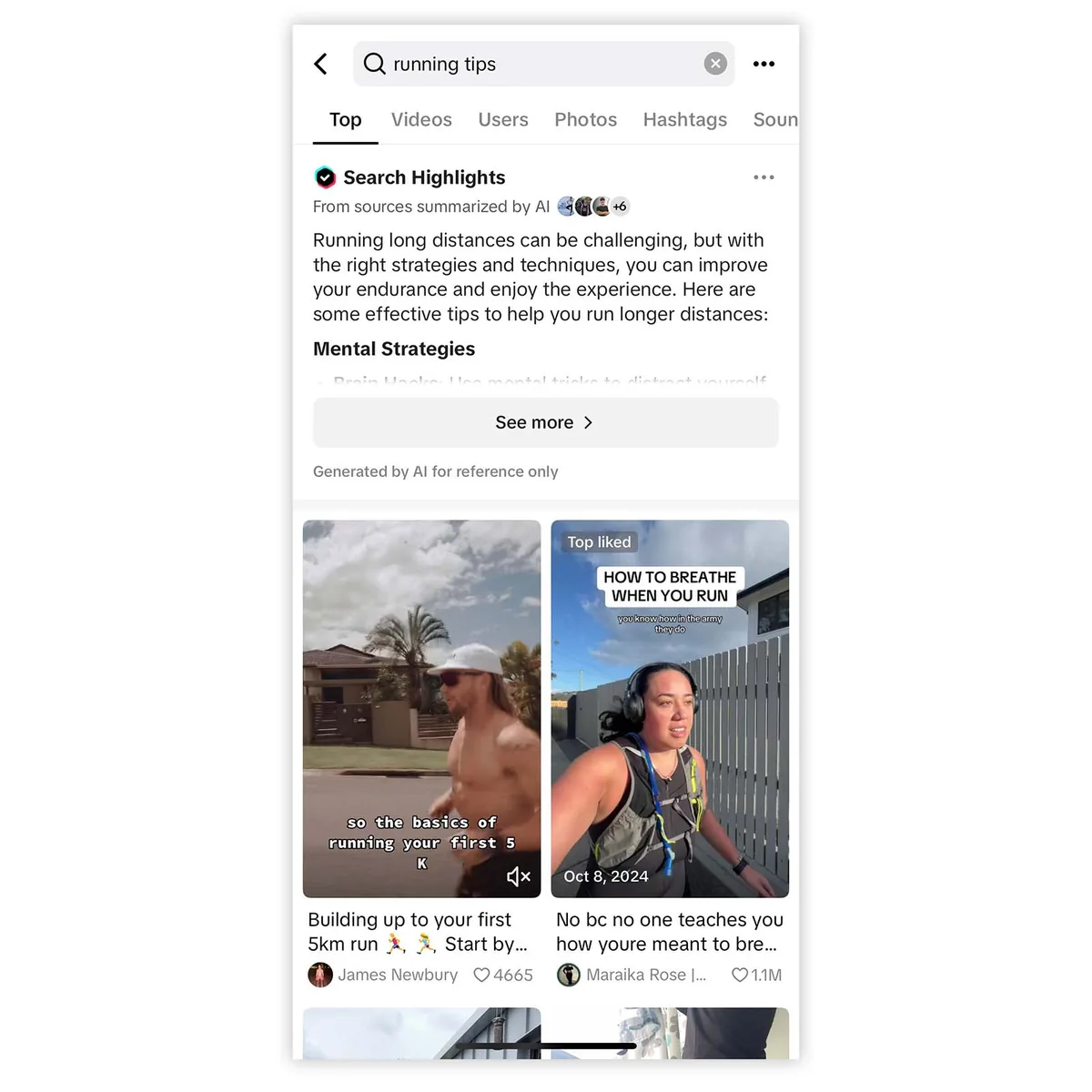 TikTok 显示 AI 高亮的长跑技巧以及包含建议和评论的热门短视频。
