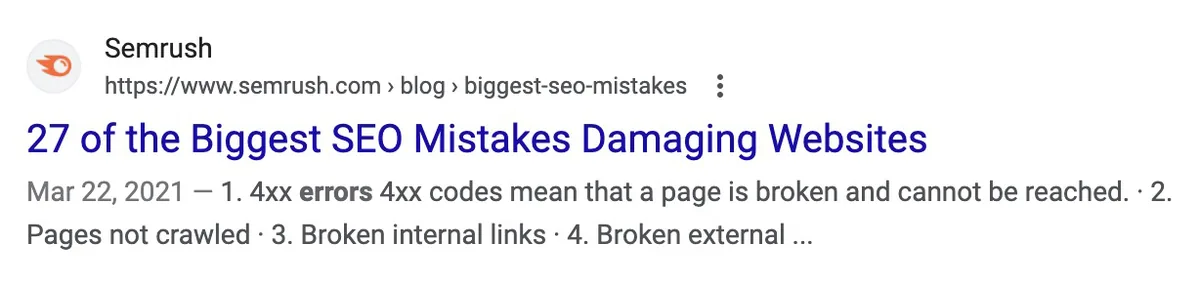 Semrush 的一篇文章，标题为：“27 个损害网站的最大 SEO 错误”
