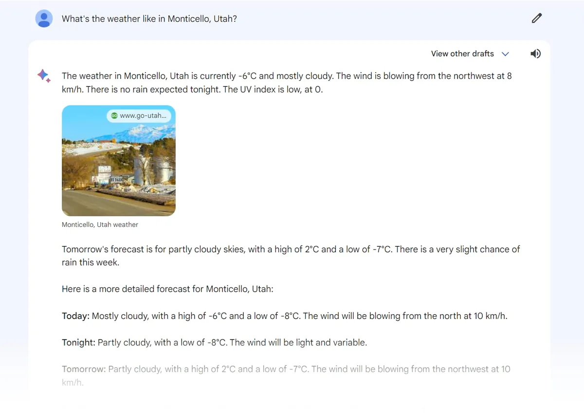 Google 的 BARD 对提示词“What's the weather like in Monticello, Utah?”的回复