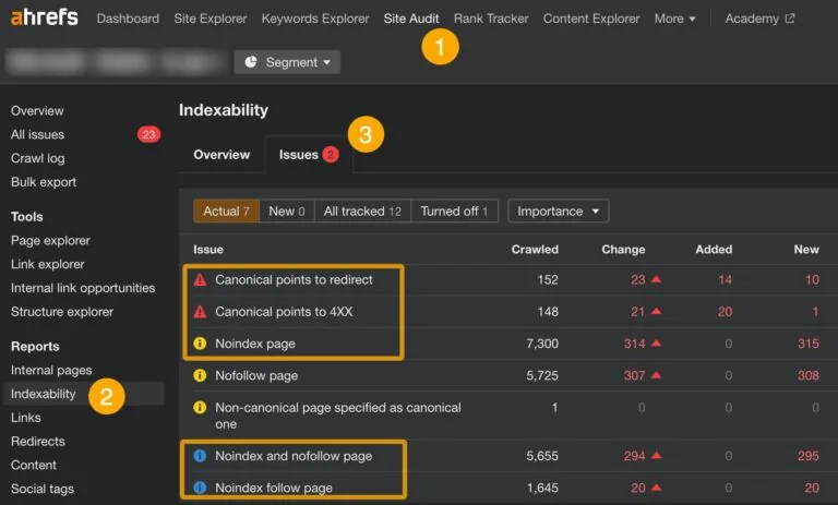 Ahrefs 的 Site Audit 中的可索引性问题。