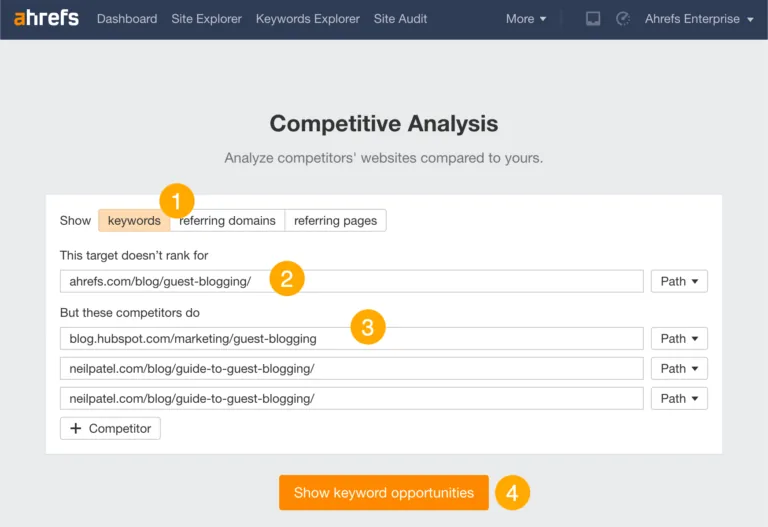 在 Ahrefs 的 Competitive Analysis 工具中查找缺失的子主题