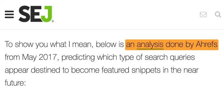 一张 Search Engine Journal 文章的截图，引用了 “analysis done by Ahrefs”，说明被其他知名网站引用如何建立权威性。