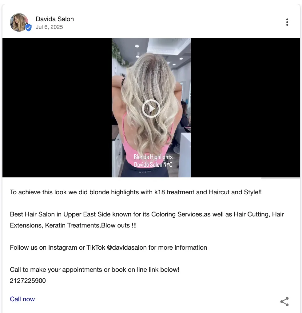 Davida Salon 在 Google Business Profile 上发布的帖子，以视频形式展示真实客户效果及服务详情。
