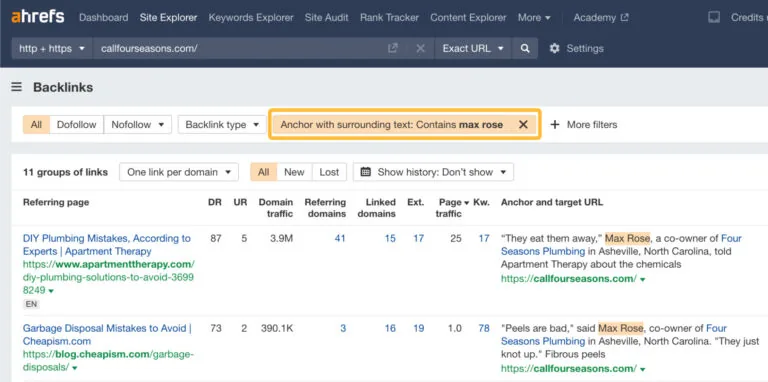 在 Ahrefs 的 Site Explorer 中筛选 HARO 反向链接