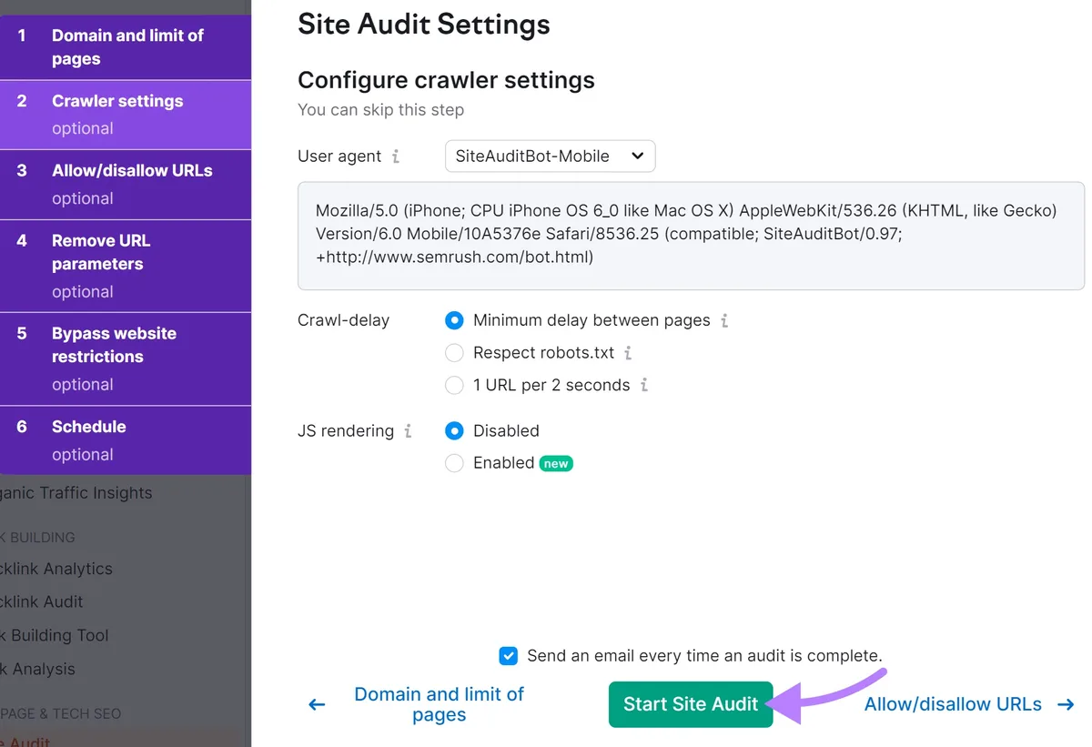 Site Audit 设置中高亮显示的“开始 Site Audit”按钮
