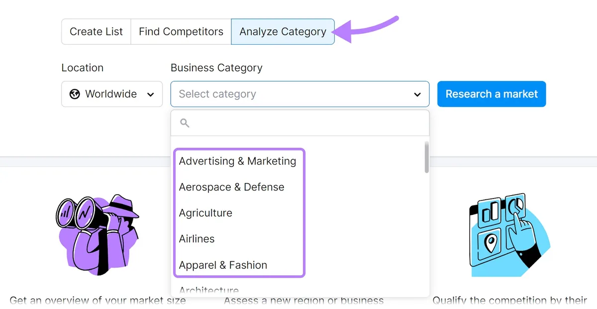Market Explorer 工具中的“Analyze Category”下拉菜单