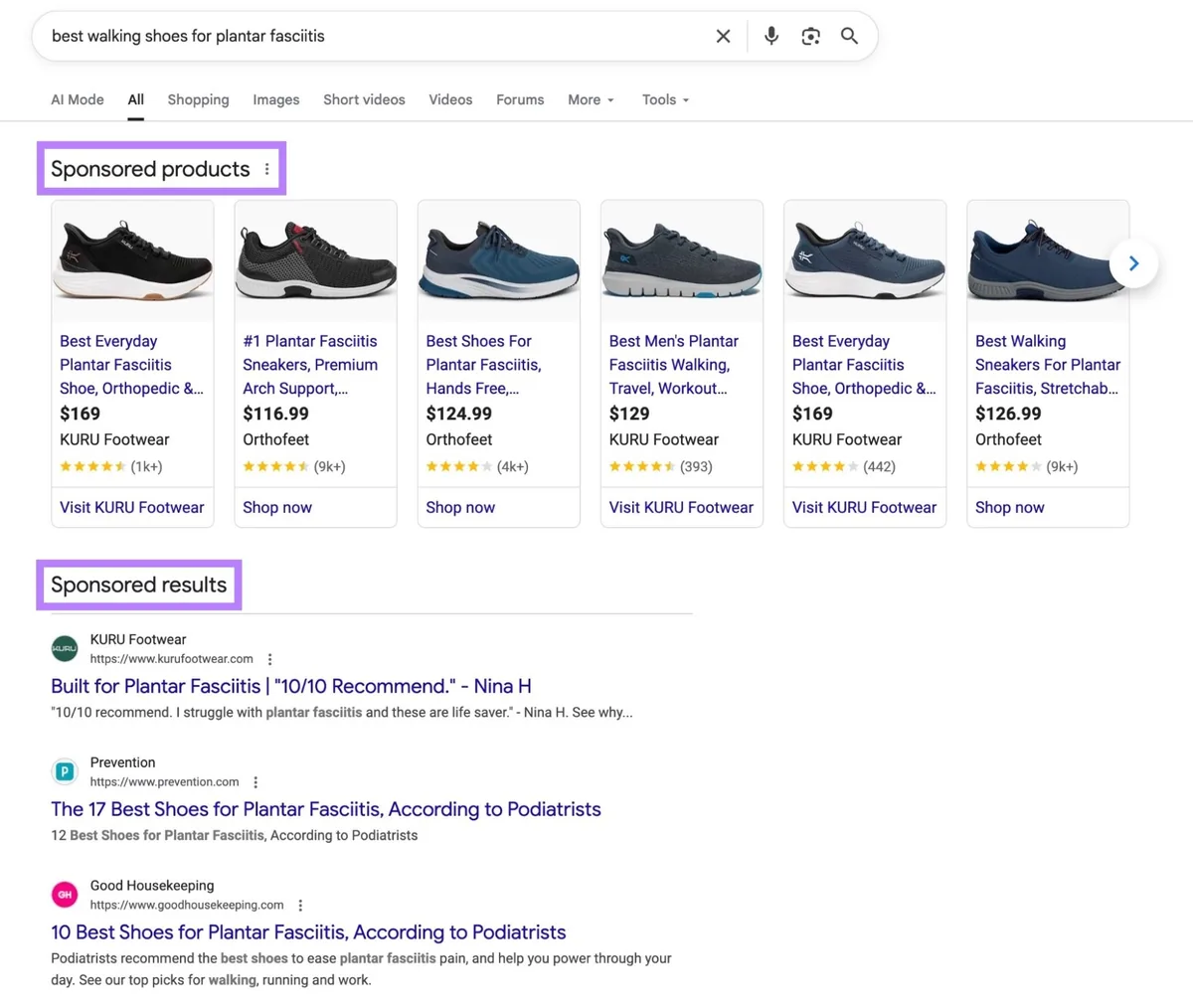 词条“best walking shoes for plantar fasciitis”的 Google 搜索结果页面,页面顶部展示赞助商品和结果。