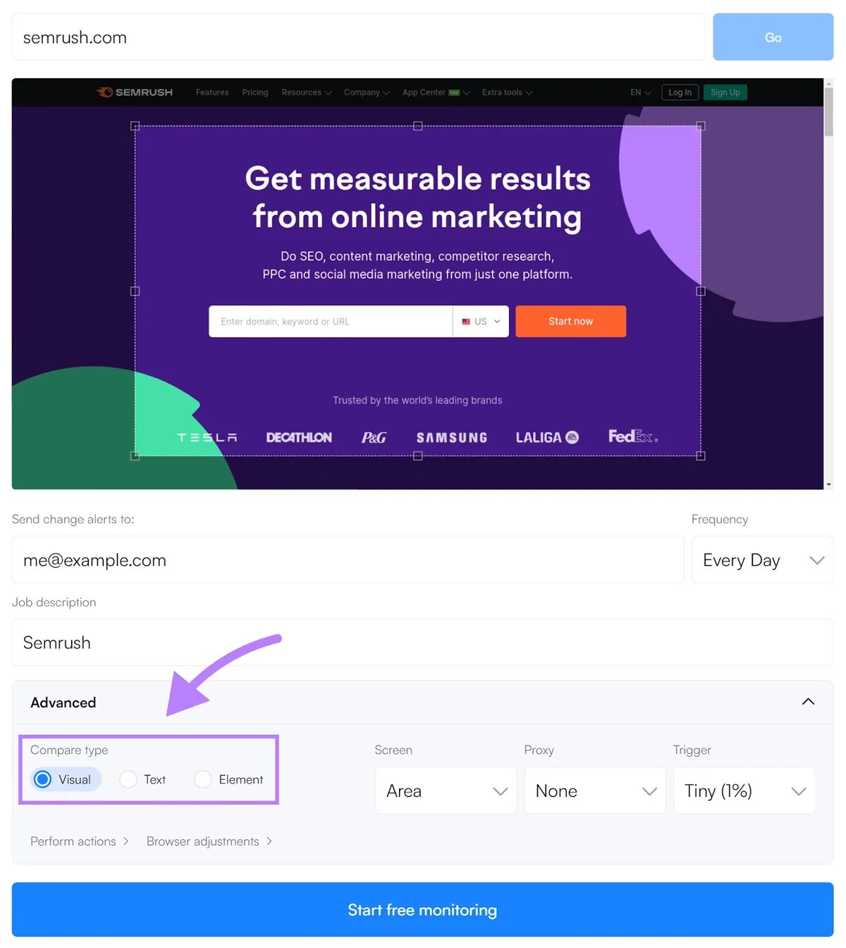 Semrush 在 Visualping 中的网站预览