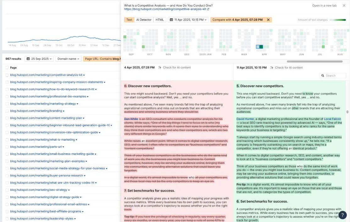Ahrefs Content Changes 工具并排对比 HubSpot 一篇竞品分析博文的两个版本