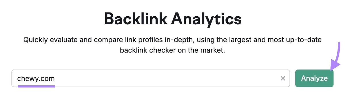 Backlinks 工具起始界面,已输入域名并点击“Analyze”按钮。