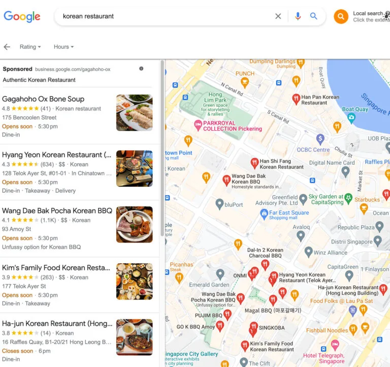 Google Maps 上的韩国餐厅