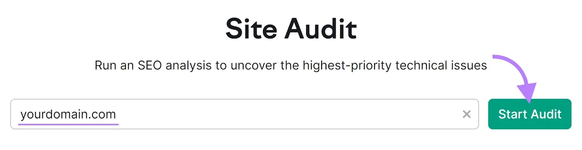 Site Audit 工具，文本框中为“yourdomain.com”，高亮“Start Audit”按钮