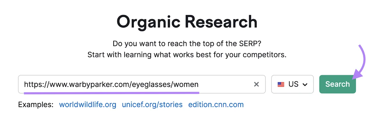 在 Organic Rankings 工具中输入的 URL