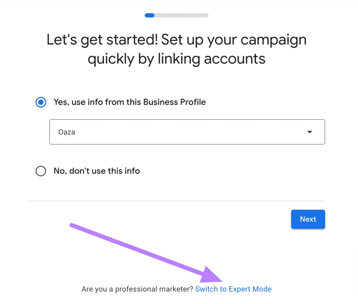 Google Ads 中的“让我们开始吧！通过关联账户快速设置你的广告系列”窗口