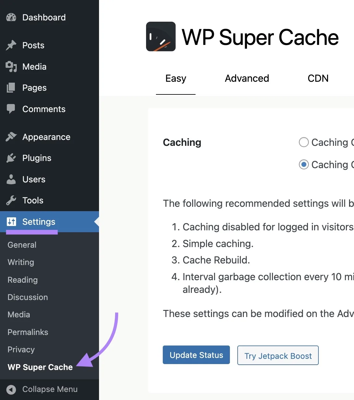 在 WordPress 上从“Settings”子菜单中点击的“WP Super Cache”。