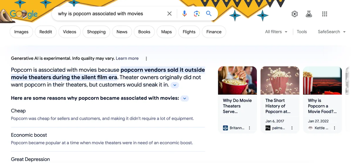 Google 的生成式 AI 对“why is popcorn associated with movies”查询的回复