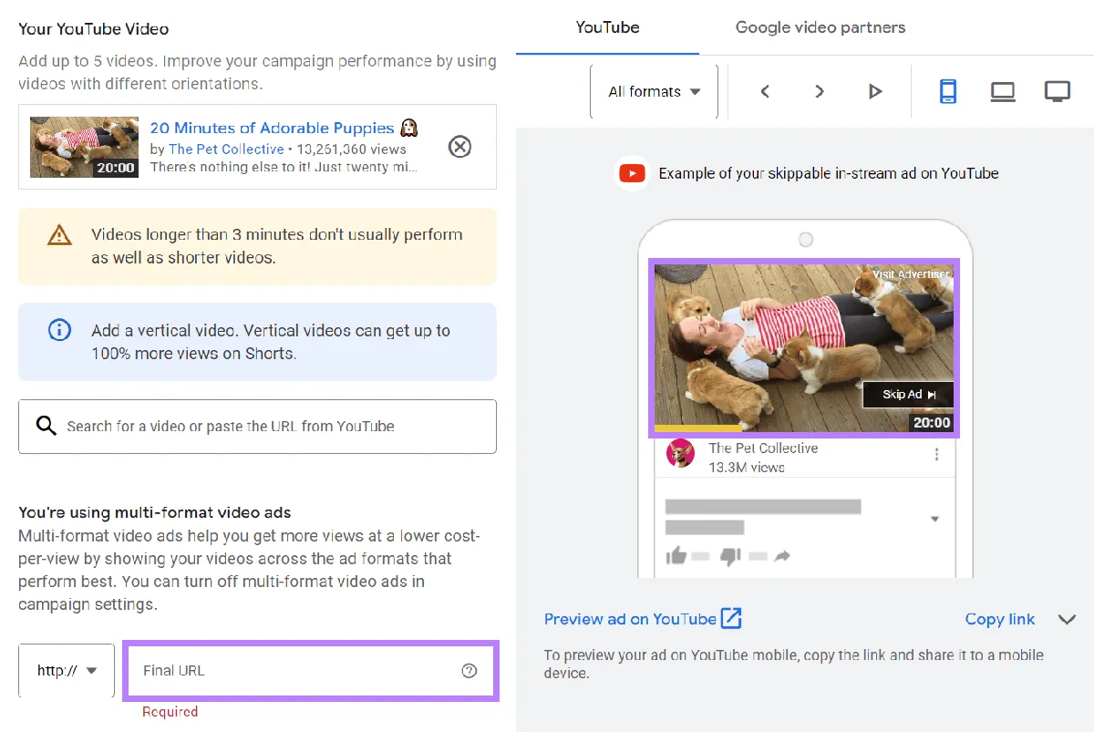 已添加到 Google Ads 广告系列的 YouTube 视频