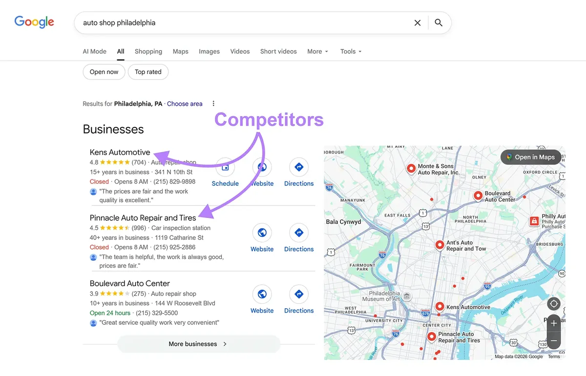 词条“auto shop philadelphia”的 Google 搜索结果页面，本地包中的商家已高亮显示。