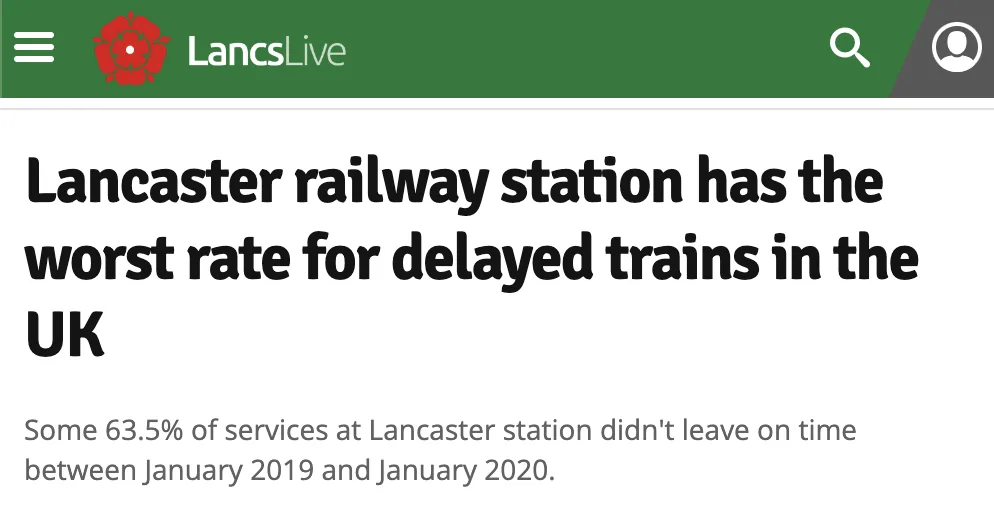 Lancashire Live(英国报纸)报道关于火车延误最严重城市的新闻