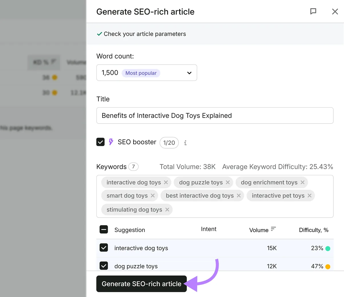 Semrush 文章生成器,显示关于互动式狗玩具的高 SEO 文章的标题、字数和目标关键词