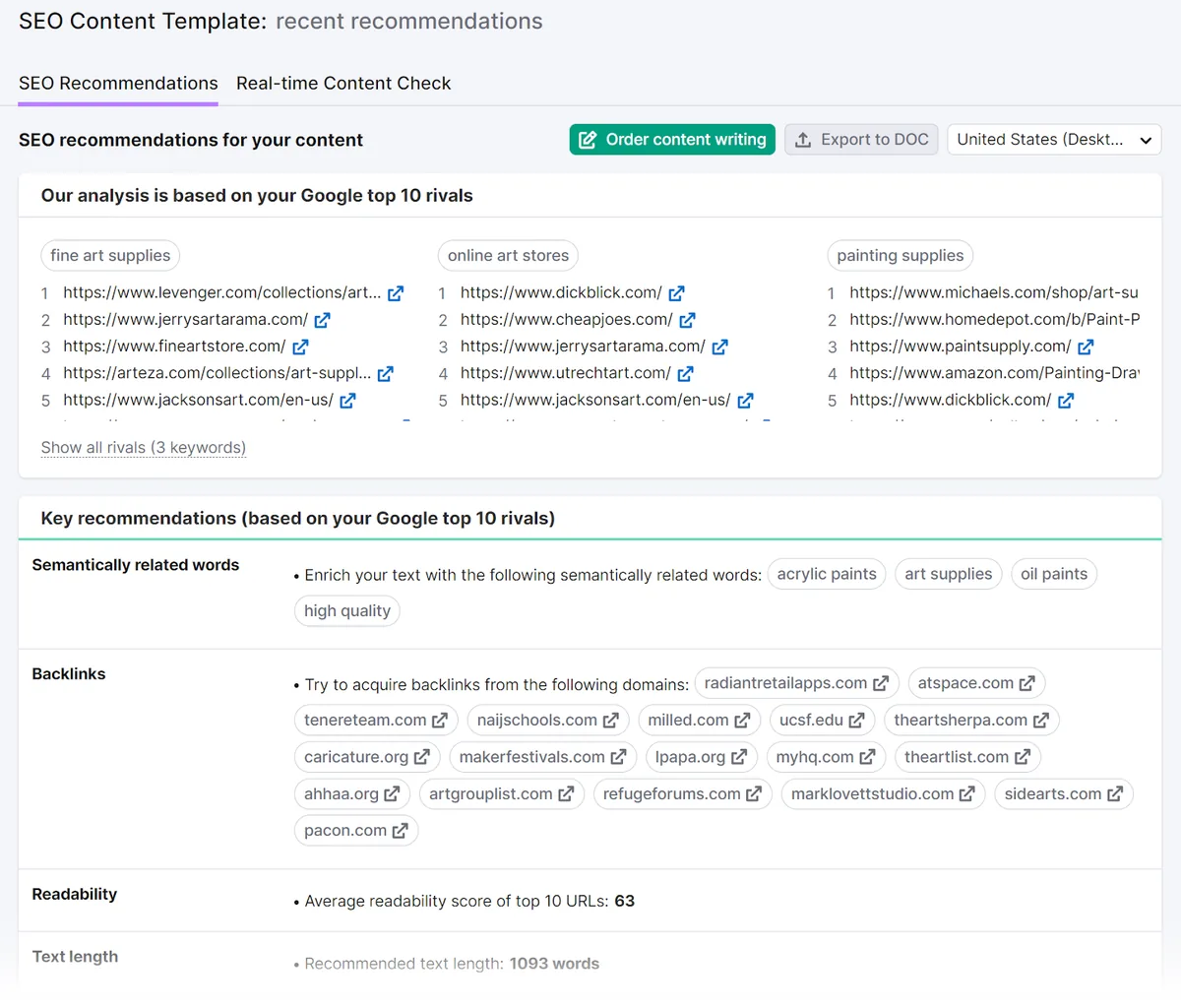 SEO Content Template 中的“SEO Recommendations”仪表盘