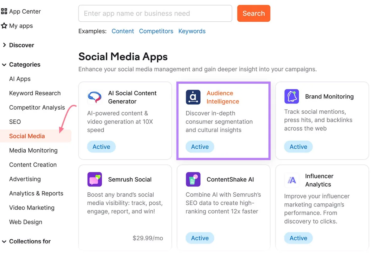 应用中心中的 Social Media Apps 区块，以紫色框高亮“Audience Intelligence”。