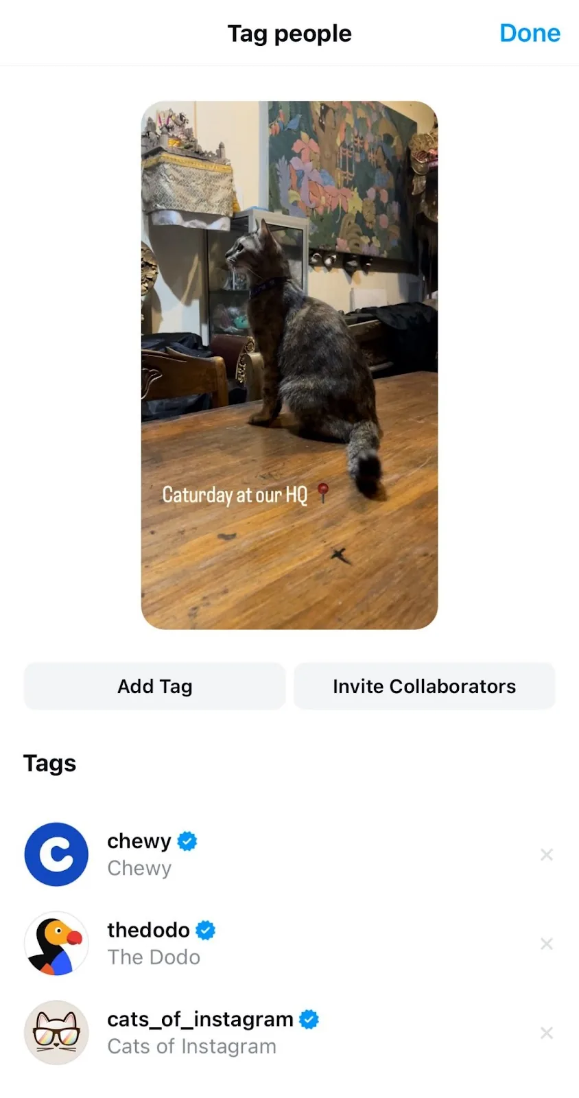 在 Instagram 上创建新短片的“Tag people”窗口,已标记三个相关账号。