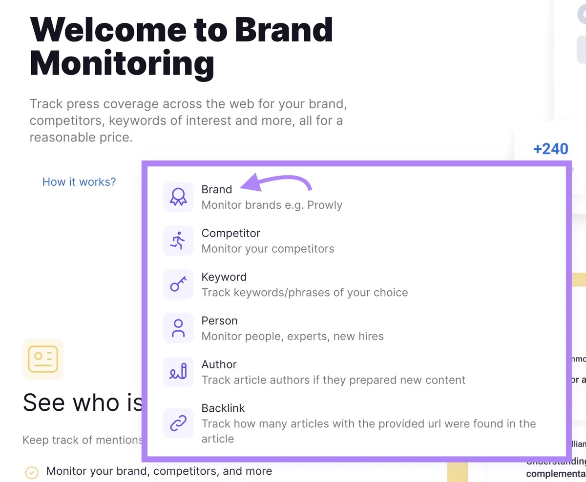 在 Brand Monitoring 工具的下拉选项中选中的“Brand”。