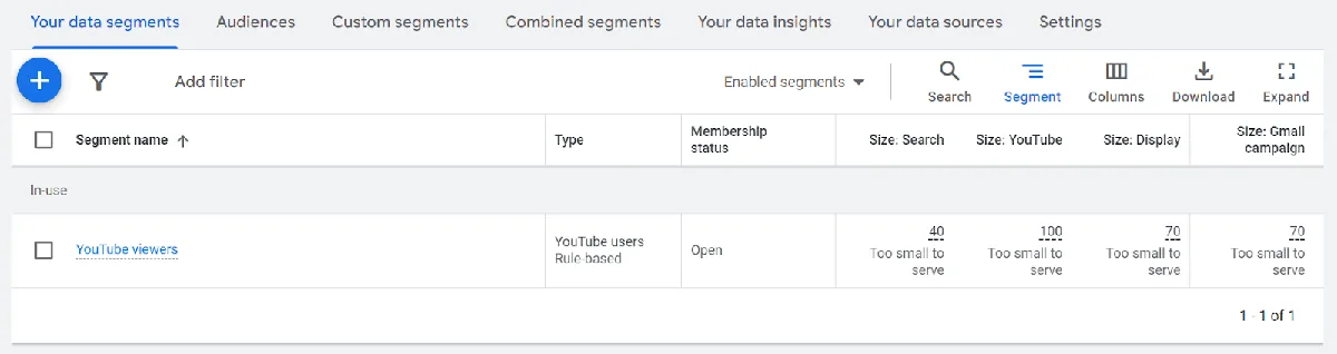Google Ads 中的“受众群体管理器”界面