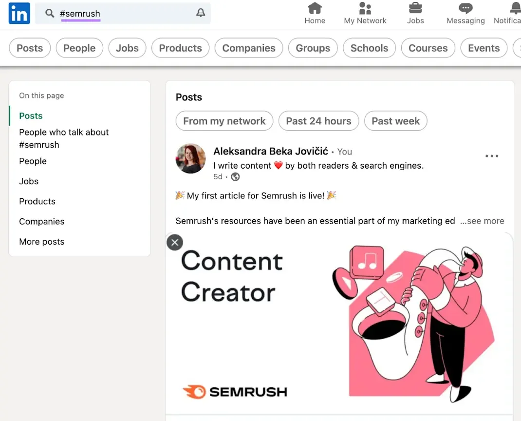 包含 #semrush 话题标签的 LinkedIn 帖子